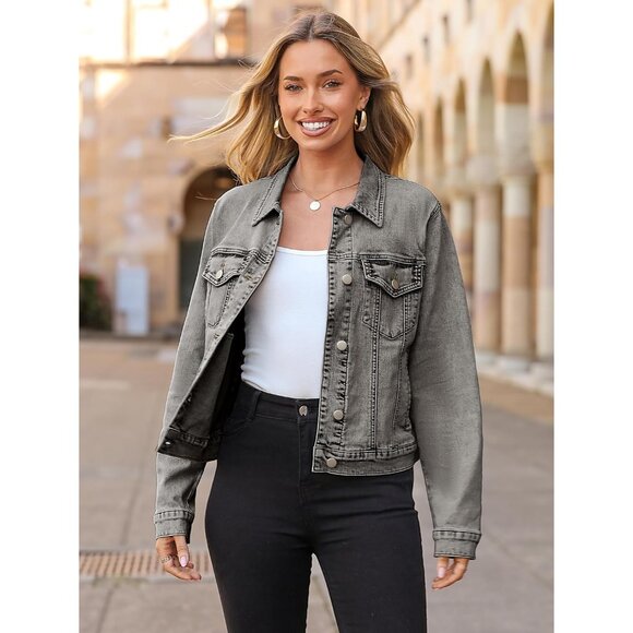 Women's Jean Jacket Long Sleeve Denim Jackets Button Down with Pockets Gray - Picture 3 of 6